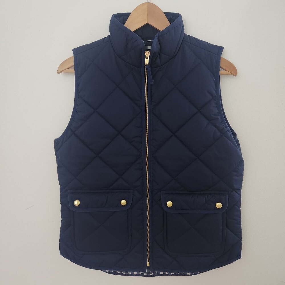 J. Crew Women Size S Vest Puffer Navy Jacket Quilt Front Gold Snap Pocket Check